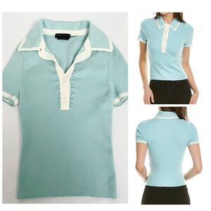 alice + olivia Pia Ribbed Knit Contrast Trim Button-Down Wool-Blend Polo Sweater